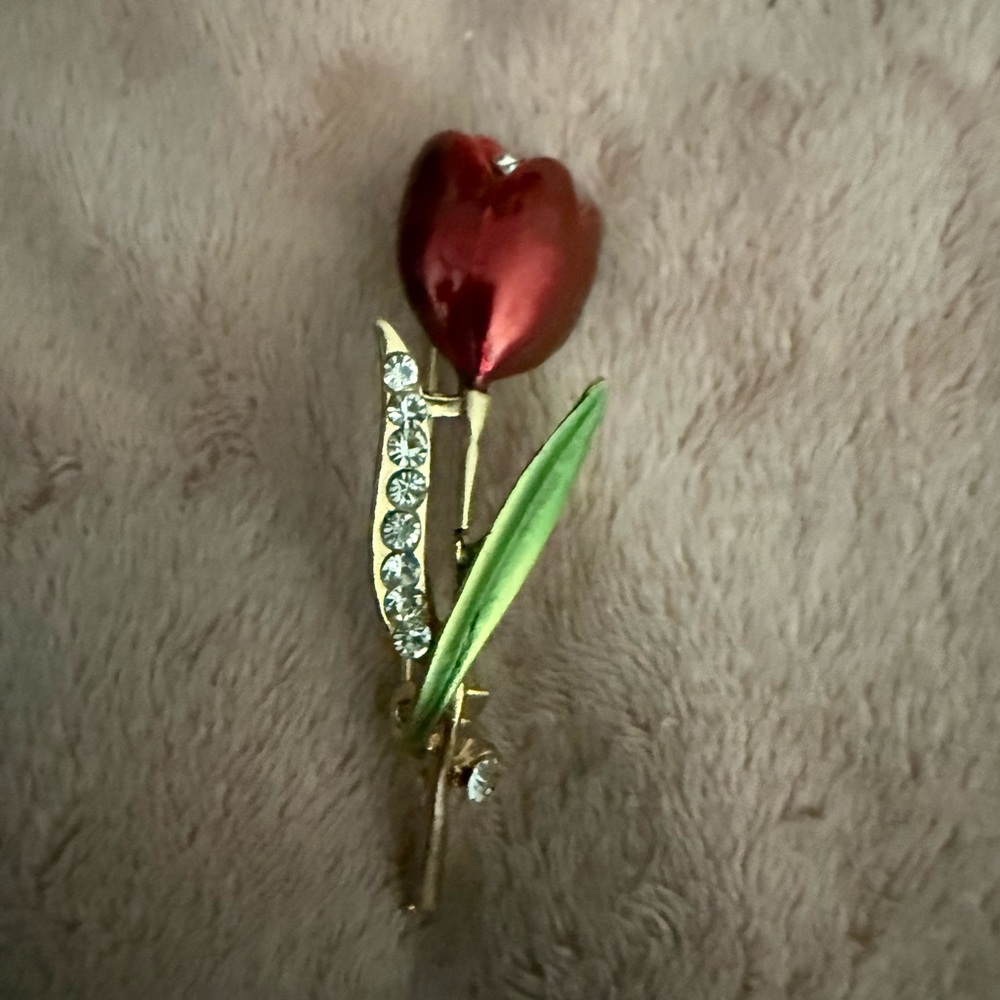 Red Tulip Crystal & Enamel Brooch - Gold Tone